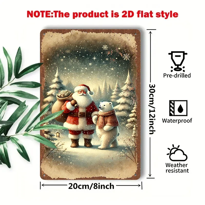 2D Flat, 1pc 2D [Flat] Metal Sign, Santa Claus and Polar Bear Strolling on a Snowy Night, Vintage Tin Painting Style, 8x12 Inche