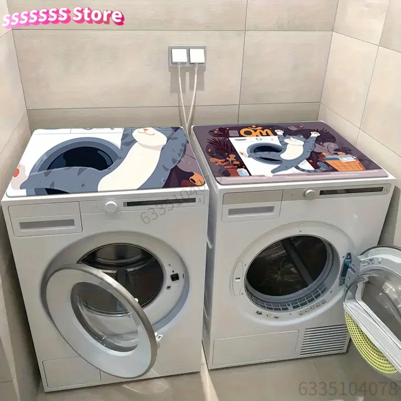 A Design for a Washing Machine Top Protector Featuring a Cat Stretching Pattern, Suitable for Kitchen Additions, Bathroom Decor,