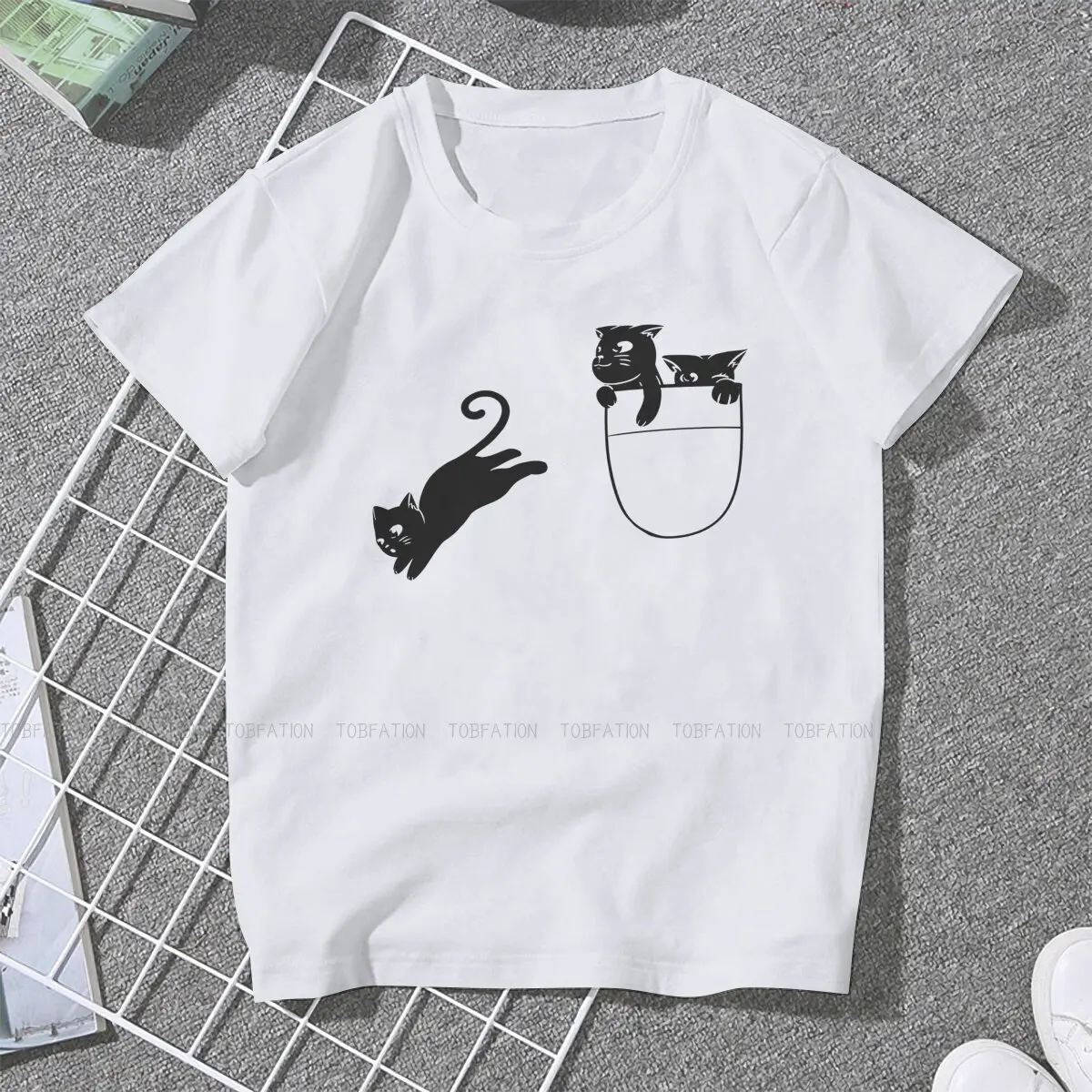 Cat Pocket 4XL 5XL TShirt Black Cat Fabric Original T Shirt Woman's Clothes Individuality Hot Sale