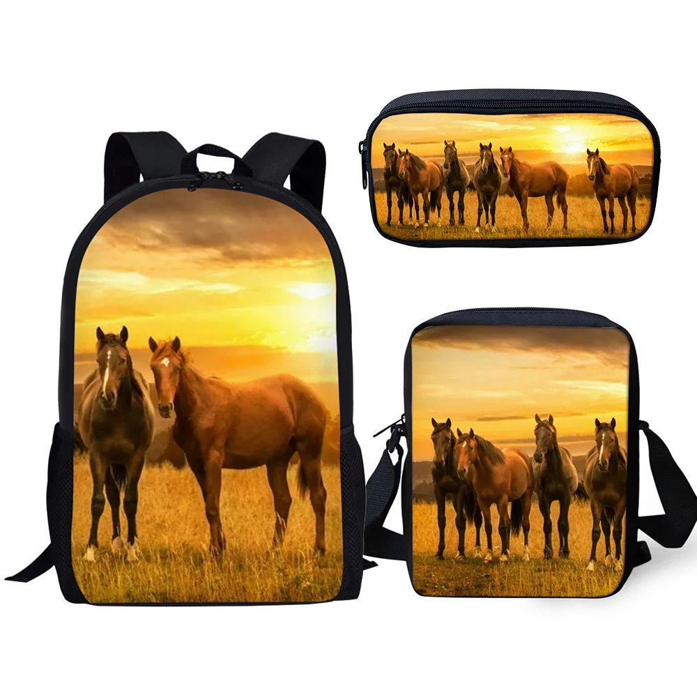 Harajuku Novelty Cool Horses 3pcs/Set Backpack 3D Print School Student Bookbag Laptop Daypack Shoulder Bag Pencil Case