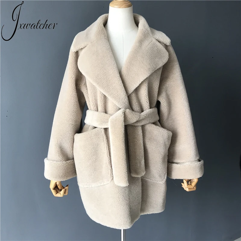 Jxwatcher-abrigo de piel auténtica para mujer, chaqueta coreana con cinturón, abrigos de lana de oveja, abrigo de esquila de oveja auténtica para invierno