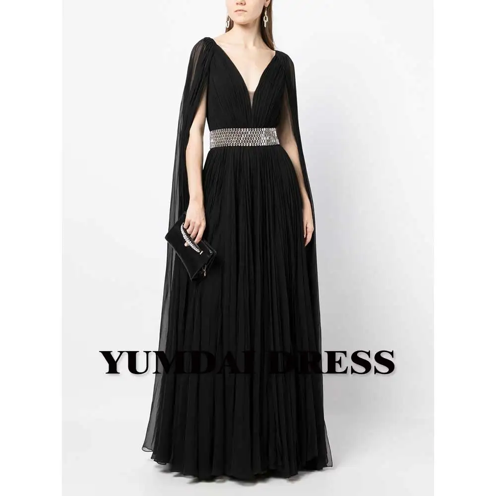 YUMDI Luxury Black Dubai Long Dress Rhinestone Belt Ladies Party High-end Formal Dress Saudi Arabia Long Sleeve Shawl Smock 2023