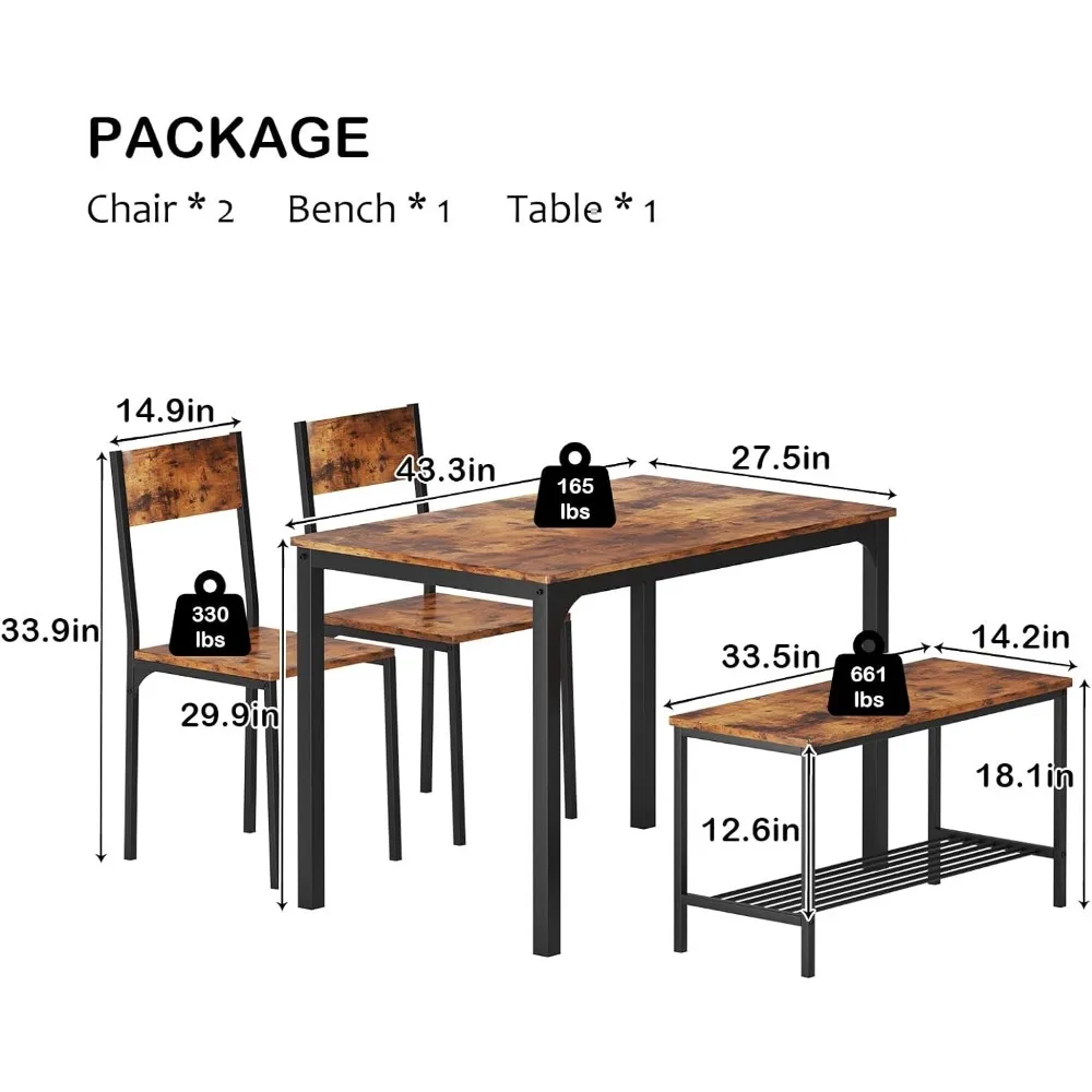 4 Person Dining Table Set, 43.3inch Kitchen Table Set for 4,Dining Room 2 Chairs with Backrest, 2-Person Bench with Storage Rack