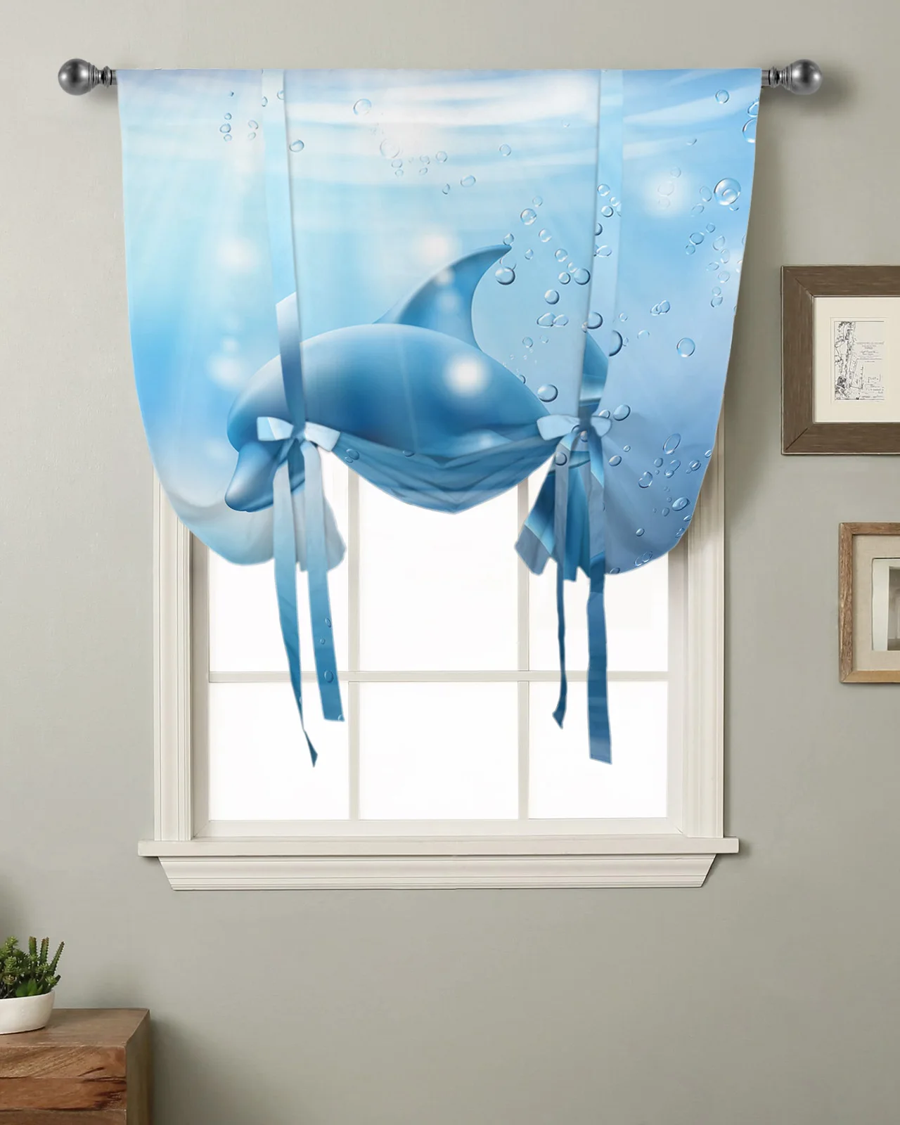 

Marine Life Dolphin Bubble Window Curtain for Living Room Roman Curtains for Kitchen Cafe Tie Up Short Drapes