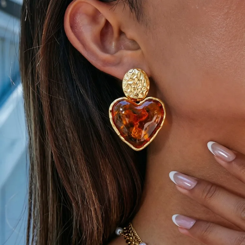 18 Gold Heart Earrings Hammered Ball Colorful Crystal Charm Water Proof Colorfast Vintage Statement Jewelry Gift For Women