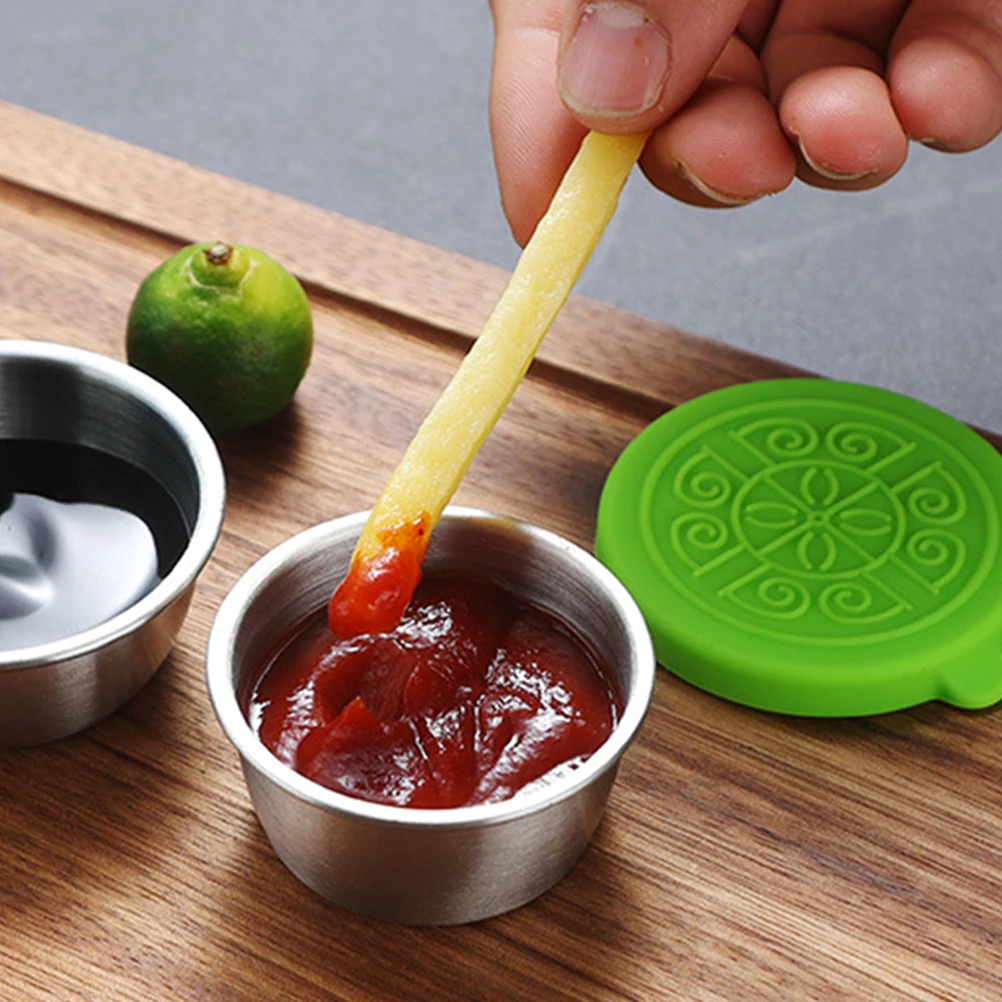 

6 Pcs 304 Stainless Sauce Cups Silicone Lids Portable Dipping Dishes Outdoor Camping BBQ Picnic Reusable Containers 50ml