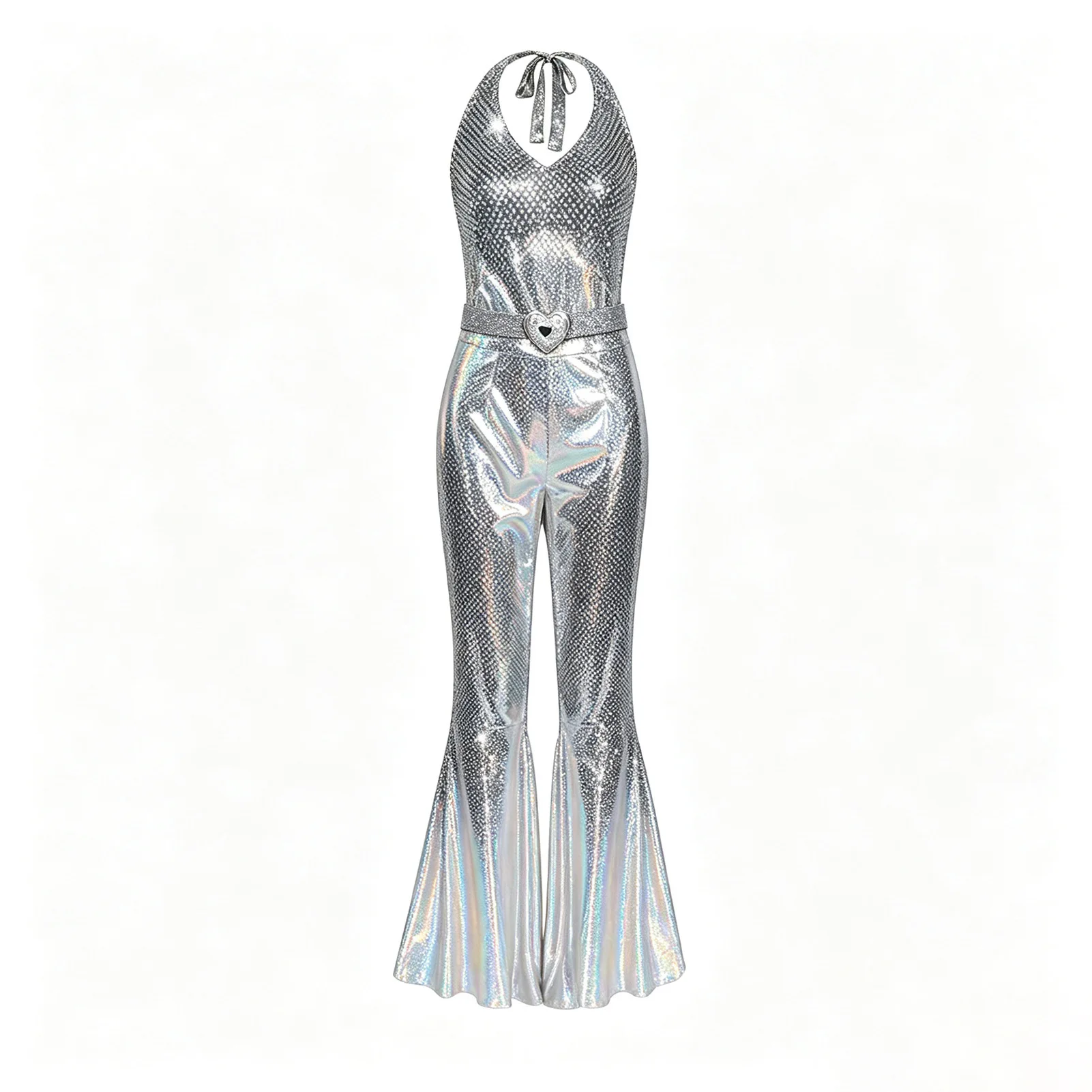 Funkelnder Metallic-Discobodysuit für Damen, ärmellos, mit V-Ausschnitt, rückenfrei, Schlaghose, 70er-Jahre-Nachtclub-Bühnen-Cosplay-Outfit – Detail 24