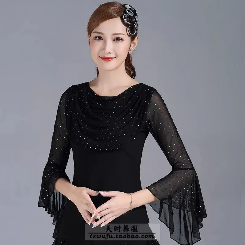 Aangepaste nieuwe zwarte en rode contrasterende pailletten Gitaba Sailor Dance Latin danskleding vierkante moderne ballroomdans top