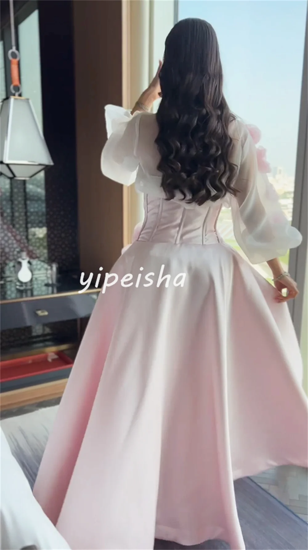 Customized Intricate Exquisite Satin Handmade Flower Pleat Draped A-line Square Neck Long Dresses Evening Dresses Matching Sizes