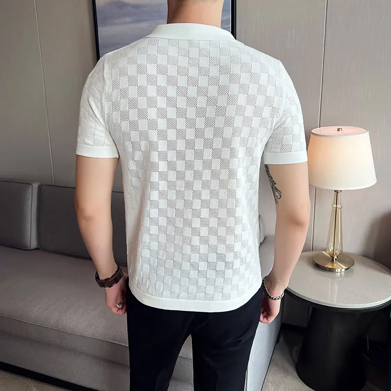 Men Polo Shirt 2023 Summer New Thin Ice Silk Elastic Casual Slim Fit Knitted Short Sleeve Polo Shirts British Style Men Clothing