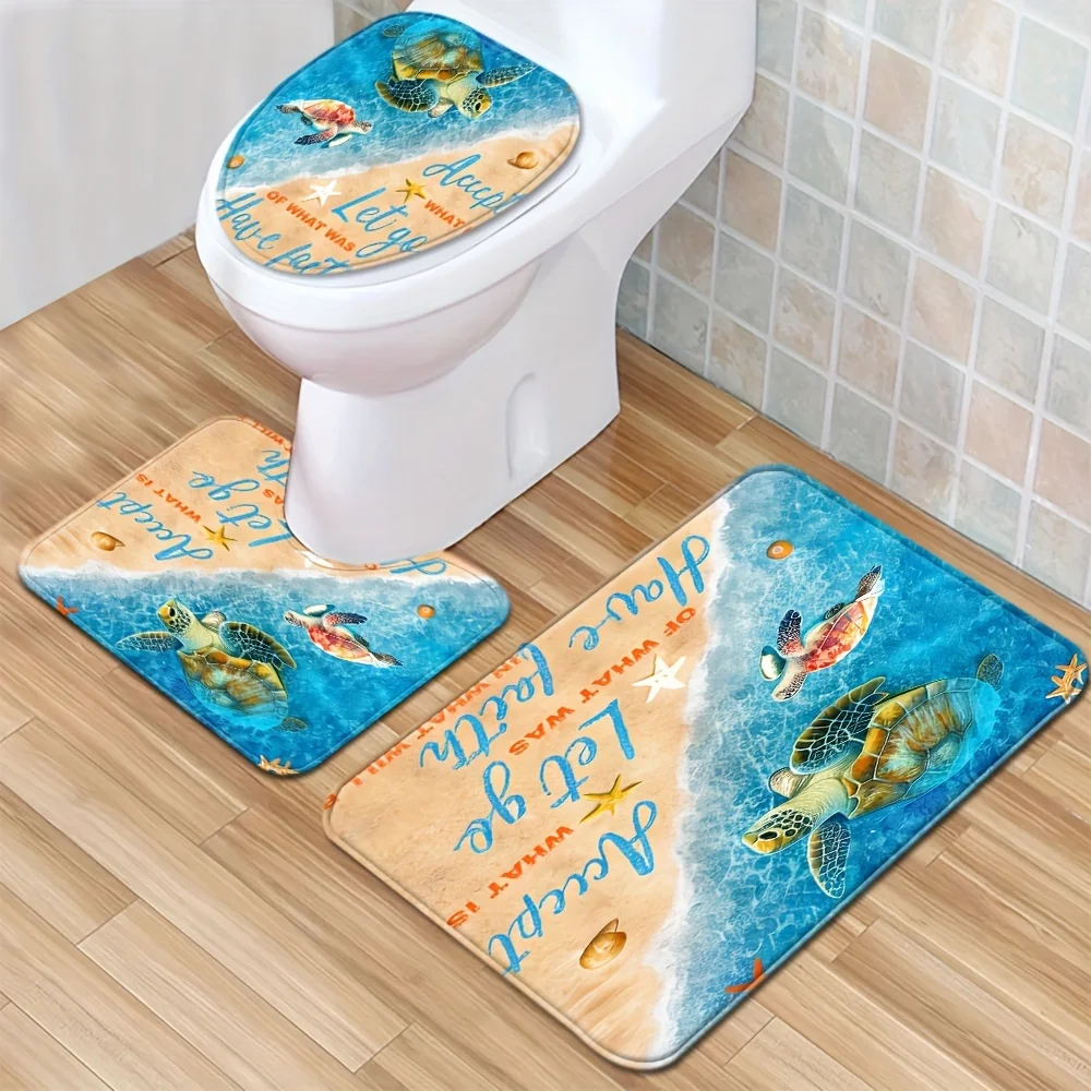 

3pcs Letter Beach Turtle Floor Mat Set Toilet Cover Toilet Carpet Bathroom Absorbent Door Mat Bathroom Three-piece Set Non-slip