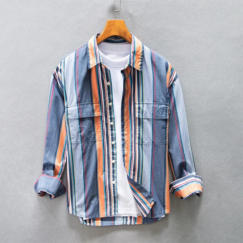 2023 Multicolor Striped Shirt for Men Spring New Cotton Turn-down Collar Shirts Pocket Decoration Long Sleeve Loose Clothing