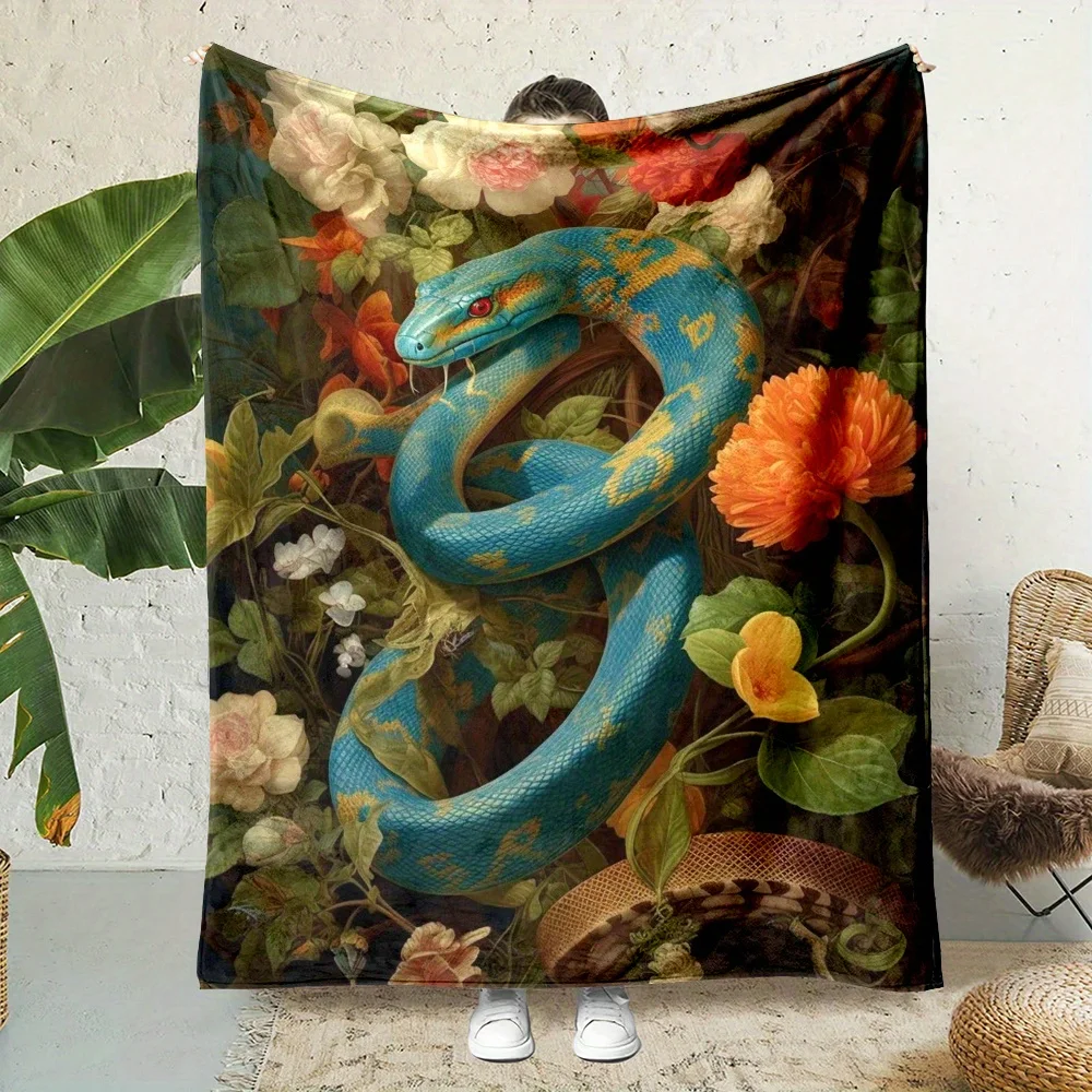1pc Extra Large Blue Snake & Floral print Flannel Blanket - Reversible All-Season Throw with Dark Background - Soft Warm Couch
