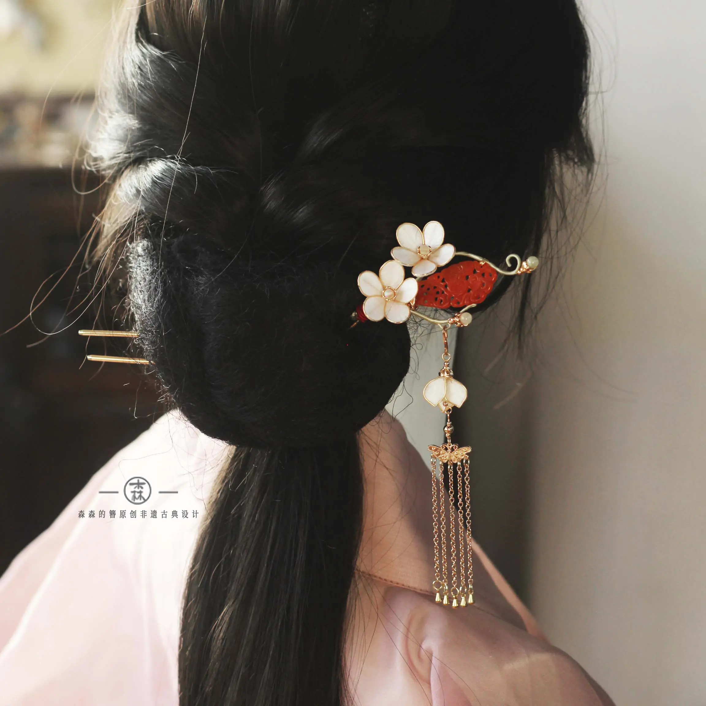

Cultural Heritage Velvet Flower Hair Stick, Red Jadeite Vintage Chinese Tassel Hair Accessory for Cheongsam