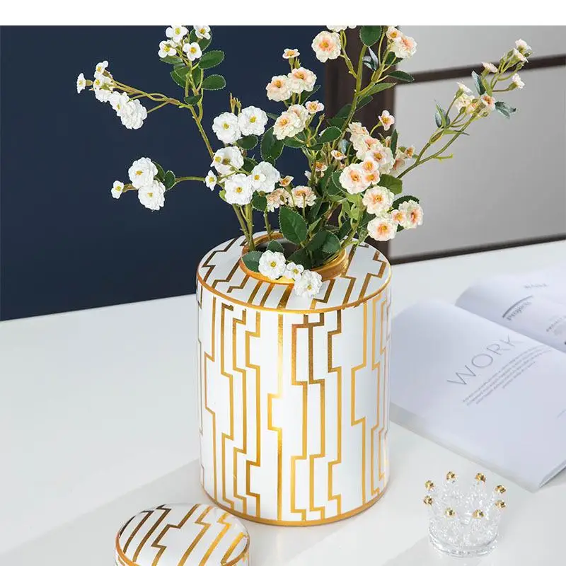 Gilded Ceramic Candy Jars with Lid Geometric Lines Storage Jar Sugar Porcelain Tea Caddy Flowers Vase Nordic Home Decor
