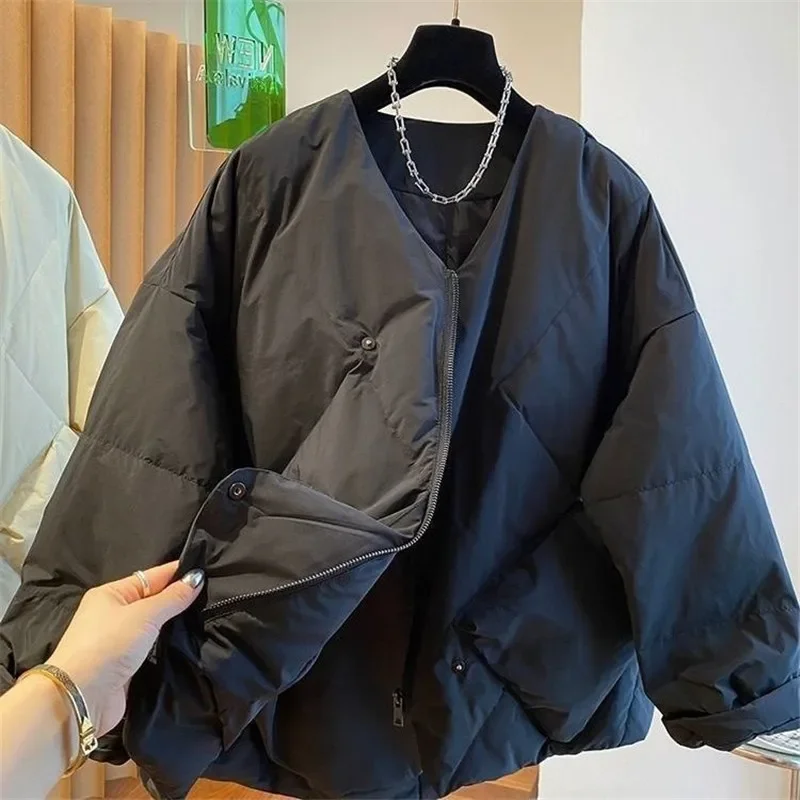 High-end Design Irregular Cotton Jacket Women Winter New Loose Zipper Womens Coat Basic V-neck Woman Outwear