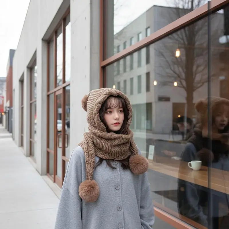 Womens Winter Knit Hat Scarf Integrated Fluffy Pom Poms Thick Warm For Skiing Commuting Cold Weather