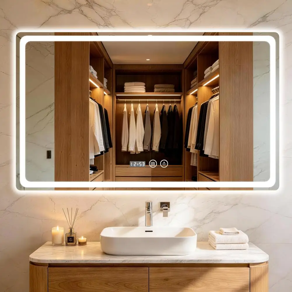 Rectangular Mirror Wall-mounted Led Bathroom Mirror With Anti-fog Touch Control Time Display 3-color Dimmable Vanity Mirror