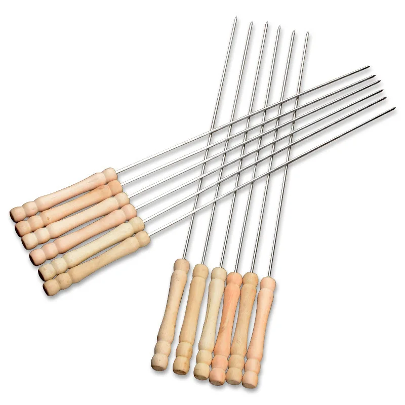 

Hot BBQ Skewers Long Handle Shish Kebab Barbecue Grill Sticks Wood BBQ Fork Stainless Steel Outdoor Bold Round Sign Needle 38CM