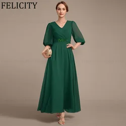 FELICITY Green Elegant Chiffon Mother of the Bride Dress Pleated Sequins A-line V-Neck Customized Wedding Guest Party Dresses