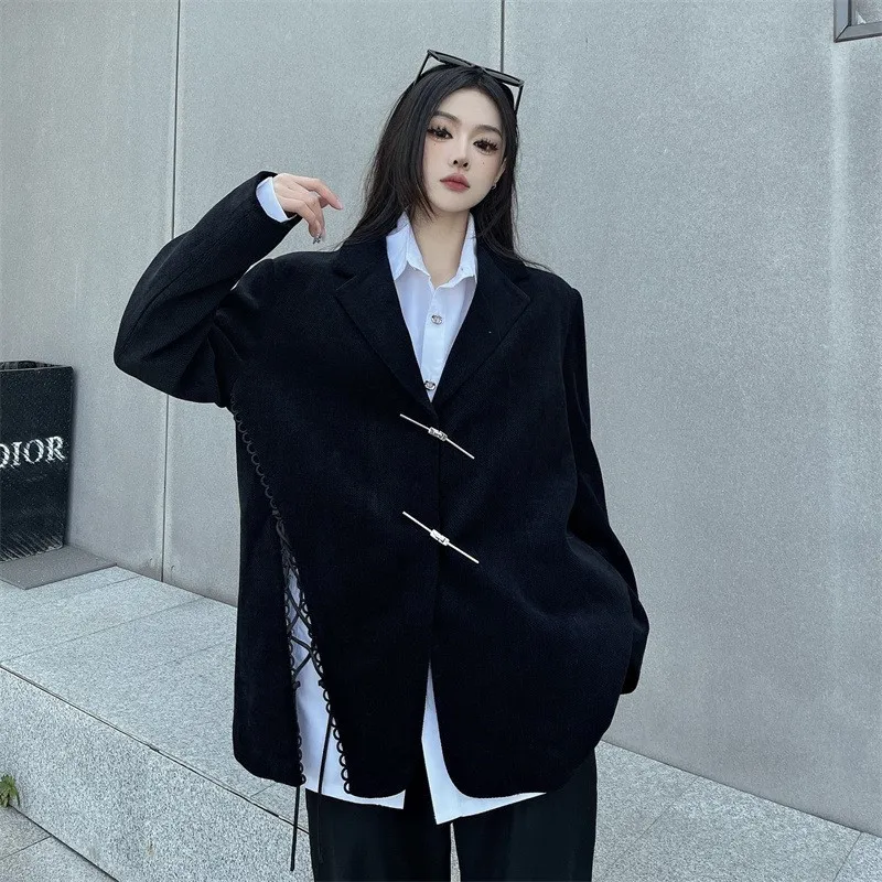 Harajuku Chinese Style Asymmetric Straps Black Suit for Female Autumn Jacket New Loose Version Temperament Thin Suit 2024