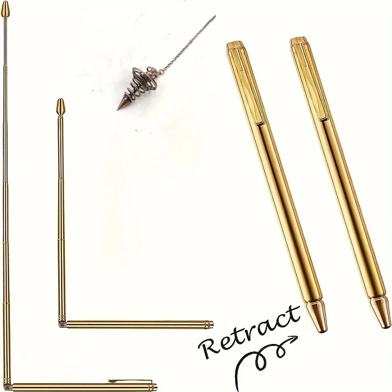 2pcs Retractable Detector Rod, Portable Pen-Shaped L Look Water Stick with 1 Copper Pendulums, for Detecting Find Energy