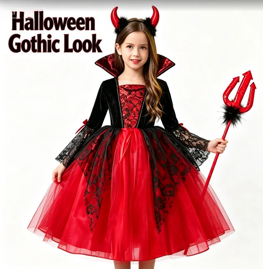 Kinder-Halloween-Kostüm im dunklen Gothic-Stil, Vampir-Prinzessinnen-Tüllkleid mit Zubehör-Outfit für Karneval und Maskenball