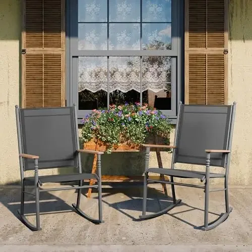 2 PCS Balcony Chair Patio Furniture Set, Bistro Outdoor Rocking Chair Set with Wooden Armrest and Textilene Surface