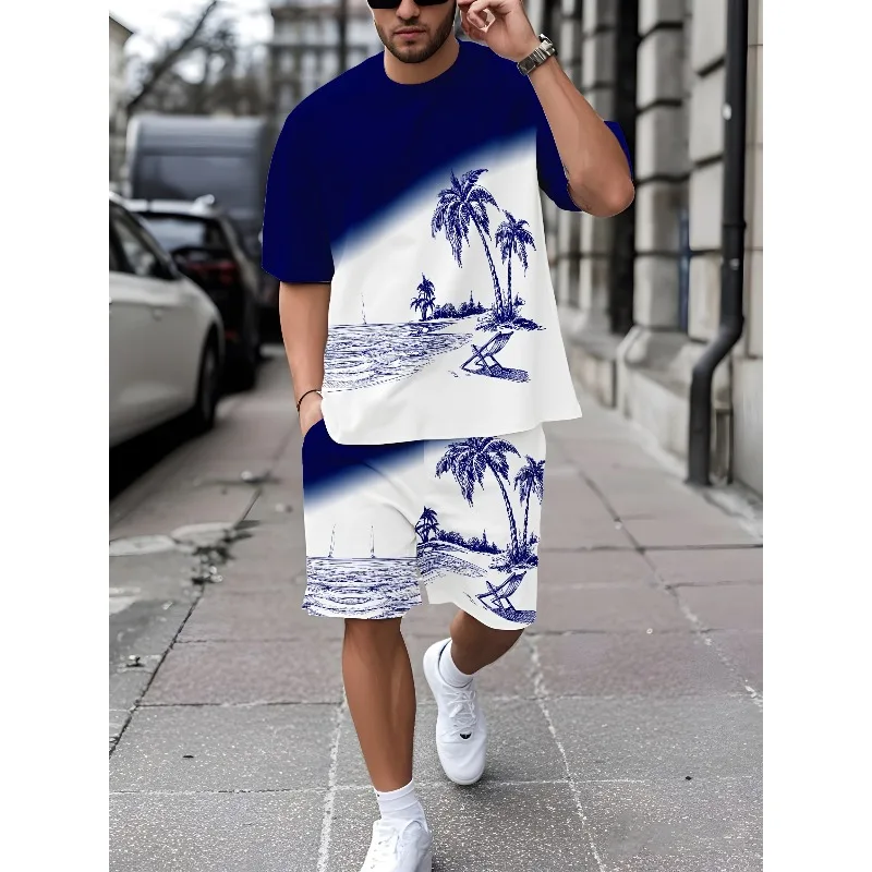 2025 Summer Men's 3D Printed Short Sleeved T-shirt and Shorts Set Casual Outdoor Sports Resort Set Breathable