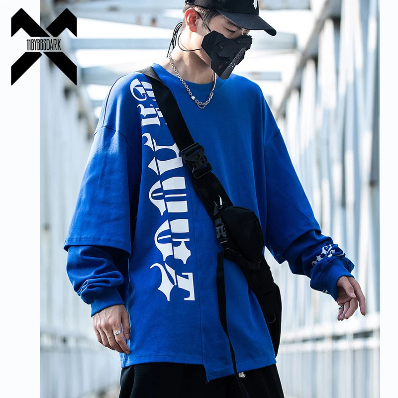 Men Fake Two Pieces Sweatshirts Women Oversized Letter Printed Pullover Hip Hop Streetwear Harajuku O-Neck Loose Sweat Shirts