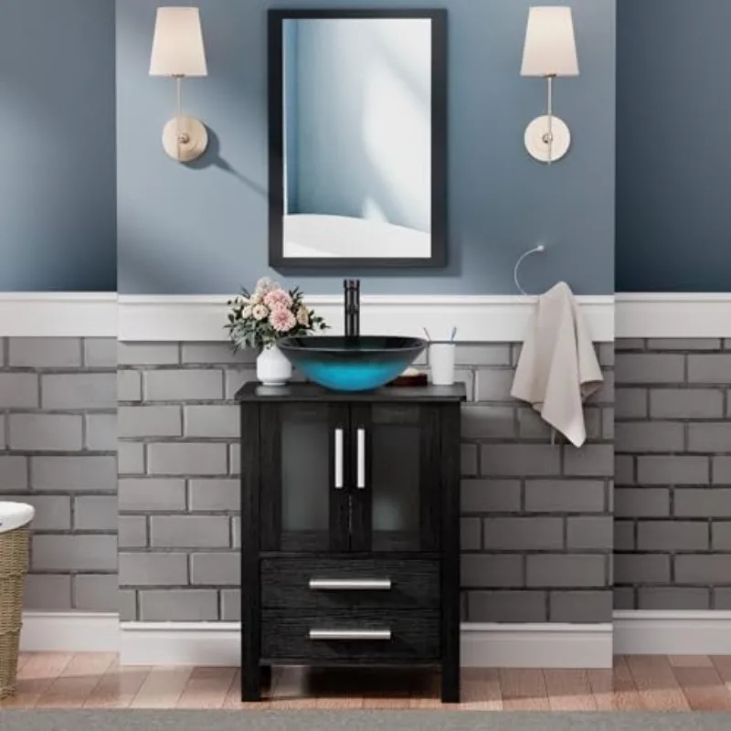 

24-дюймовый черный туалетный столик для ванной комнаты с квадратным закаленным стеклом, комбинированный смеситель 1,5 галлона в минуту, масляная бронза, туалетный столик для ванной комнаты, верхняя часть с