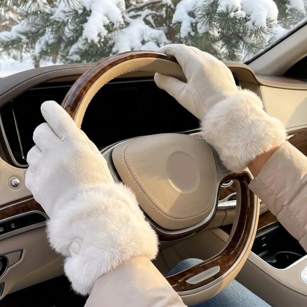 Vintage Plush Thermal Gloves Buckle Design Touchscreen Winter Warm Gloves Thick Lined Non-Elastic Split Finger Gloves Driving