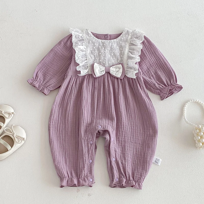 

2026 New Spring 0-24M Children Clothes Infant Baby Girls Jumpsuit Long Sleeved Cotton Lace Splicing Toddler Baby Girl Romper