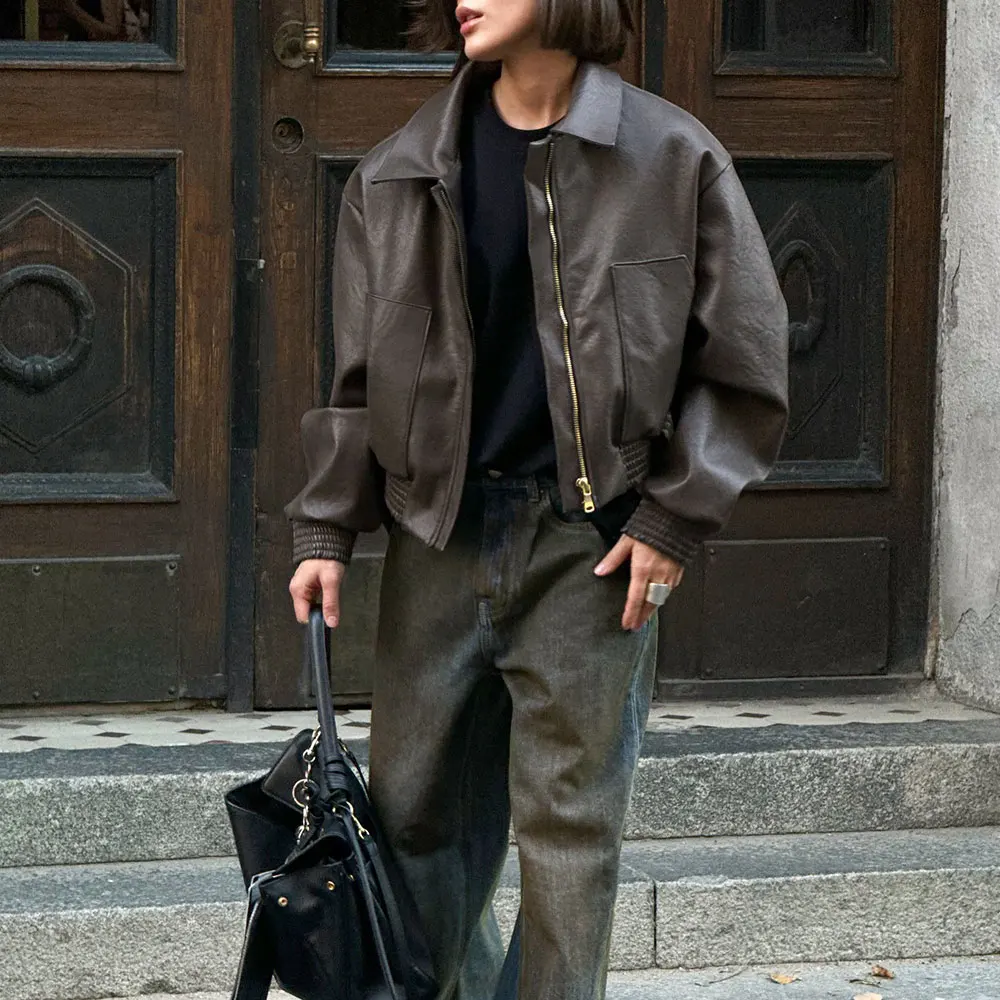 سترة نسائية من جلد البولي يوريثان بتصميم ريترو للدراجات النارية، سترة ربيعية بمزاج شخصي فضفاض كاجوال بتصميم عصري أوروبي أمريكي #5