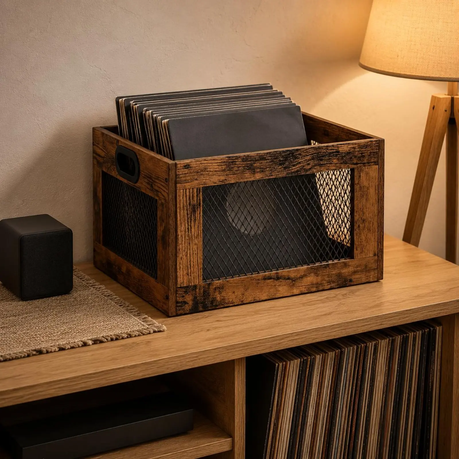Cesta Portaoggetti Per Musica Con Manico, Organizzatore Per Vinili, Cesto In Legno Massiccio Con Manici Per Sala Musicale-image