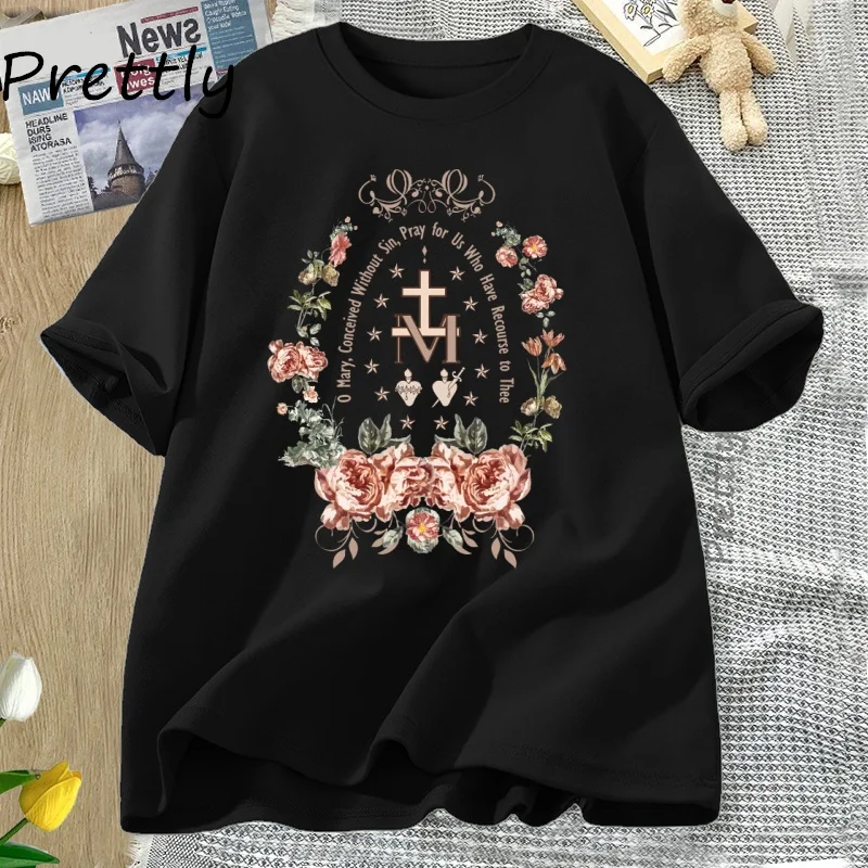 Virgin Mary T-shirt Gothic Cross Floral Graphic T Shirts Women Religious T Shirts Vintage Casual Street Clothing Short-sleeved