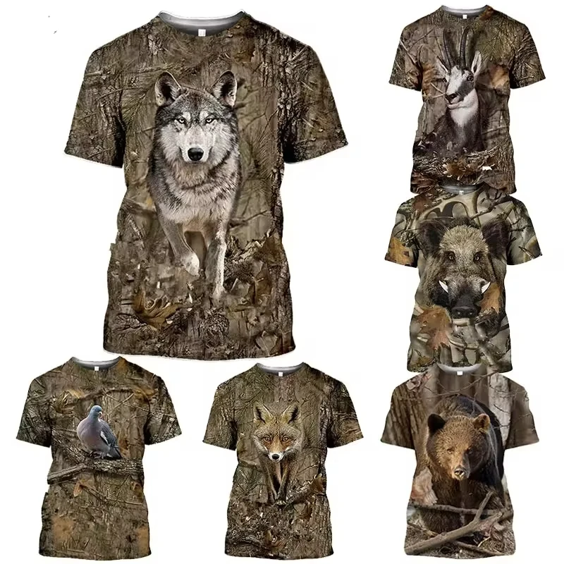 2024 casual hunting camouflage printed T-shirt new fashionable wolf fox pattern T-shirt men\'s forest hunter men\'s top