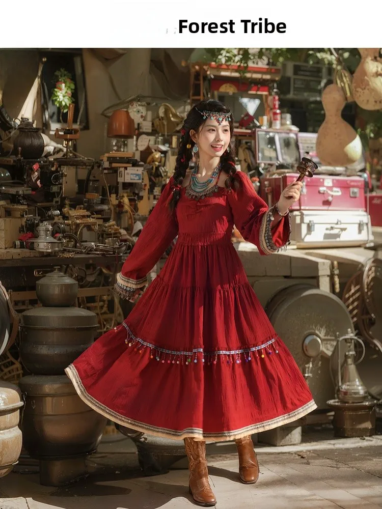 

Bohemian Style Red Dress with Tassel Detail Heavy Skirt Hanging Neck Design Holiday A-Line Dress Standard Fit Long Sleeve