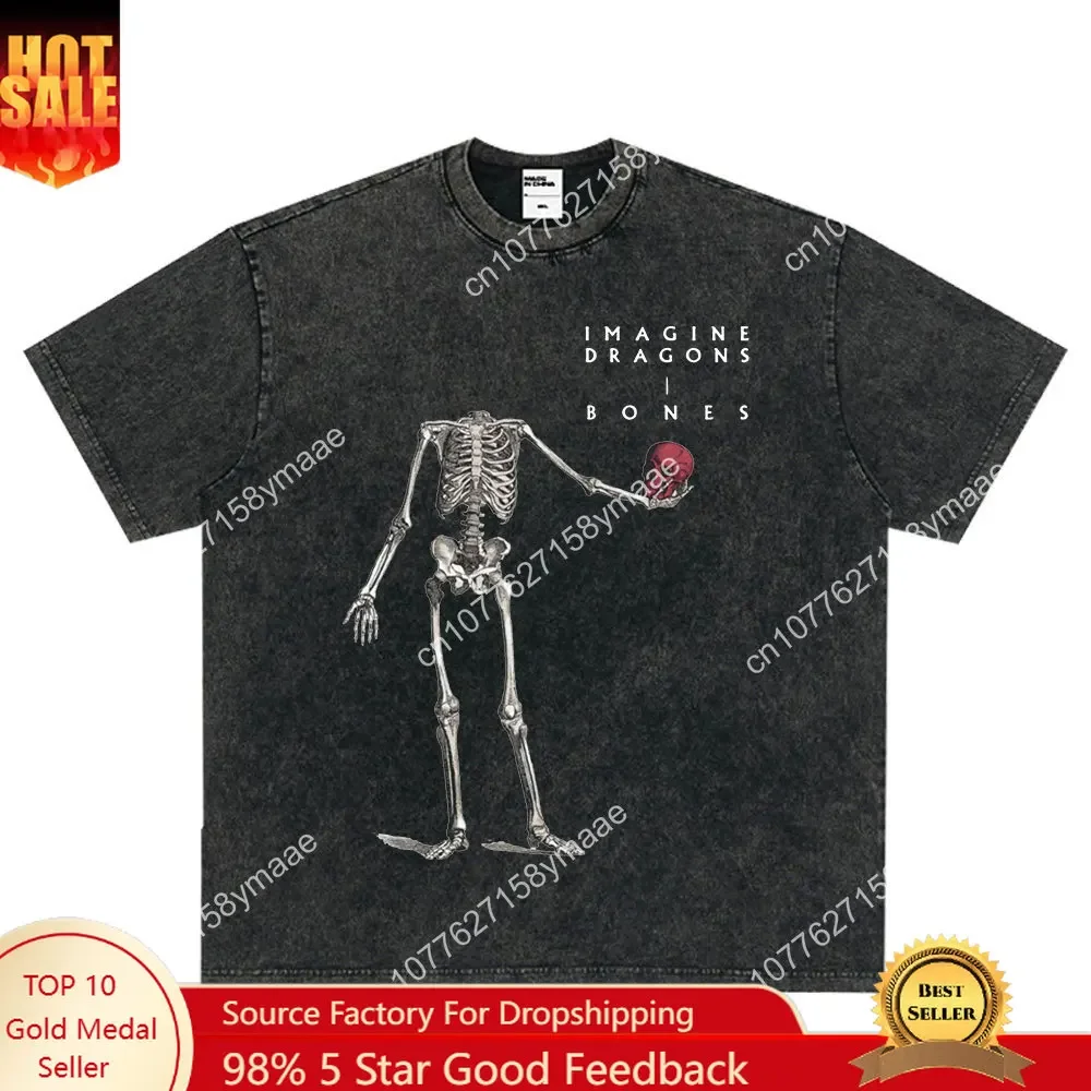 Imagine Dragons Bones Skull Vintage Washed T Shirt Rock Band Music T-shirt Men Women Women Clothing Cotton Loose Short Sleeve T-