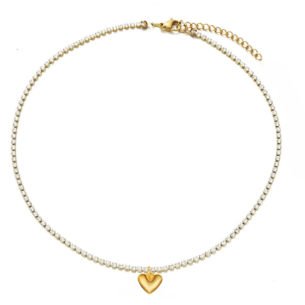 2mm Tennis kette Herz Choker Halskette weibliche Goldfarbe Edelstahl vereist bling Halskette für Frauen Party Schmuck Geschenk