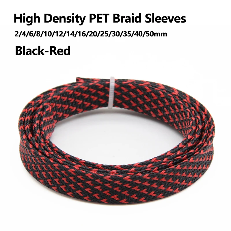 

1~50m Black-Red PET Braid Sleeves 2/4/6/8/10/12/14/16/20/25/30/40/50mm High Density Insulated Snake Skin Cable Wrap Sheath