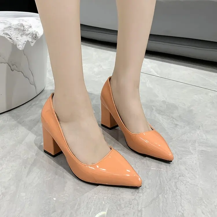 Summer Ladies Square Heel PU Shoes Ladies Pointed Toe High Heels Women\'s Work Party Shoes Plus Size 33-43 Plus Size Pointed Toe