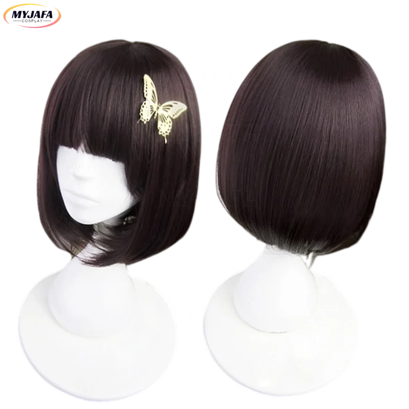 Anime Bungo Zwerfhonden Akiko Yosano Cosplay Pruik Vlinder Haarspeld Korte Bob Paars Zwart Haar Hittebestendige Pruiken + Pruik cap