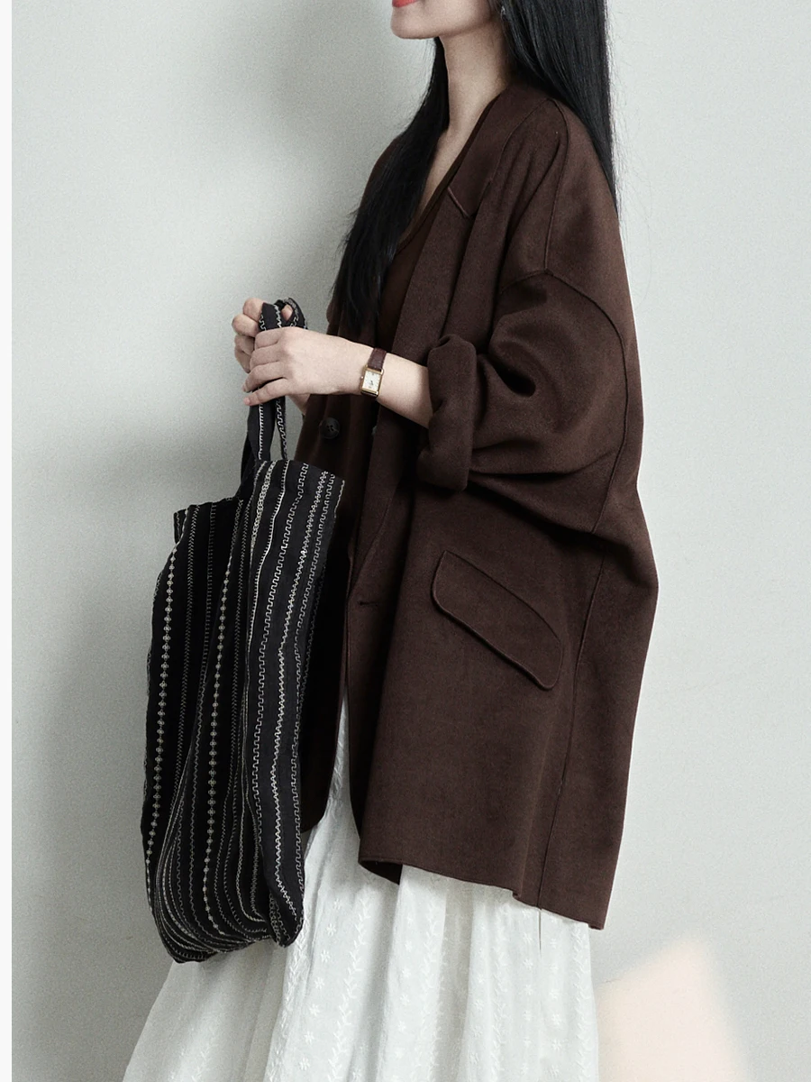 

Artistic Briti Sle Loose Tailored Woolen Suit Jaet Women's Thiened Winter Faion Outerwear Classic Collar Coat