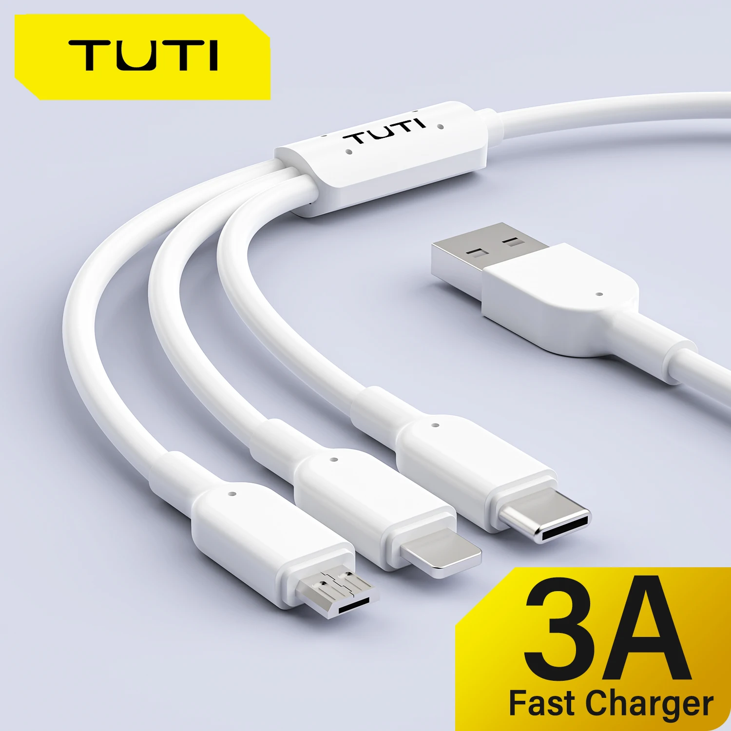 TUTI  3 in 1 USB charger Cable with Lightning Type C Micro USB Connectors for iPhone Android Cell Phones Tablets Use Charging