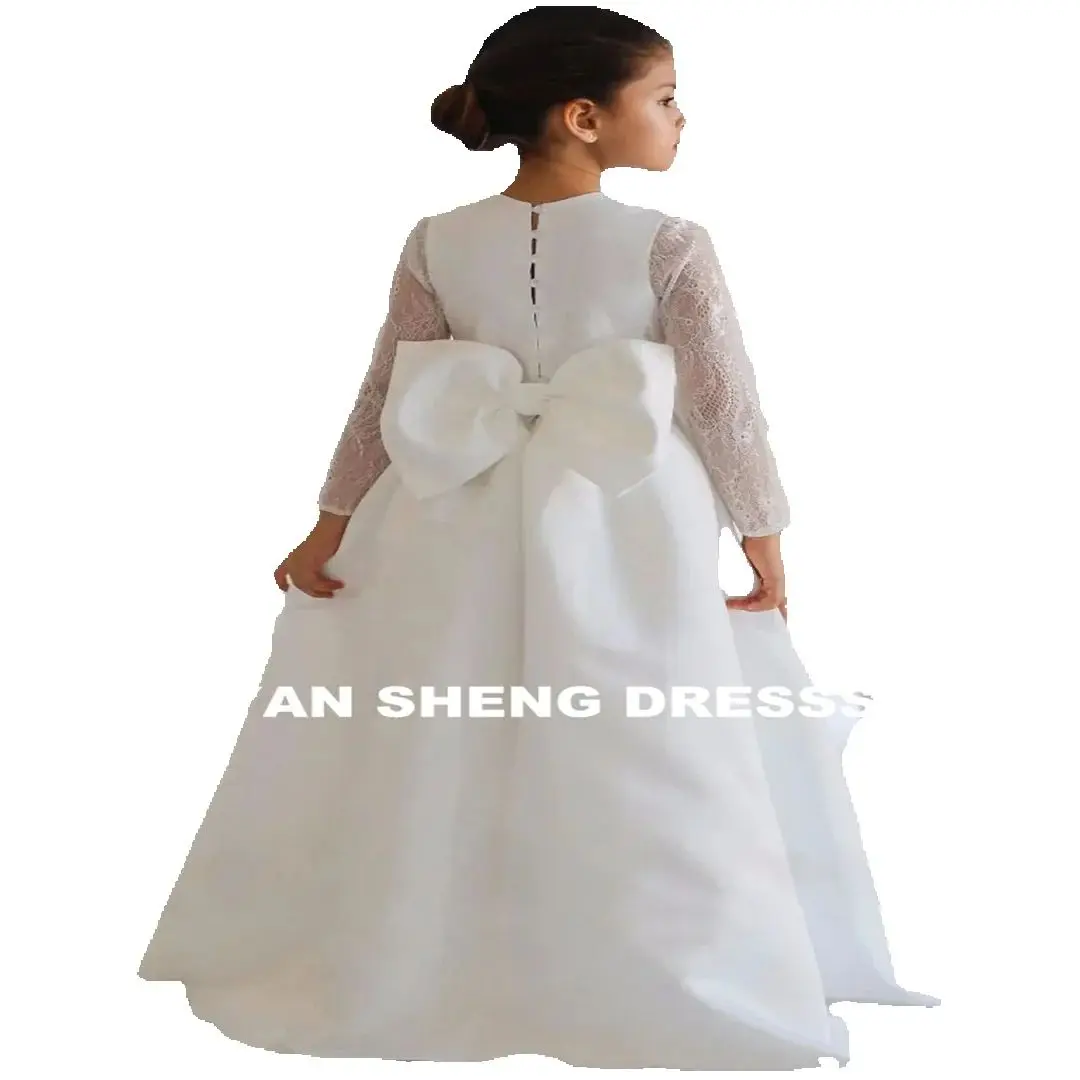 Customized Flower Girl Dresses White Tulle Appliques Long Sleeve For Wedding Birthday Prom Banquet Holy Communion Gowns