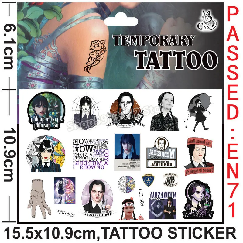 8 Styles Drama Wednesday Tattoo Stickers Water Transfer Tattoo Stickers Birthday Party Gift Addams Family Peripheral Products