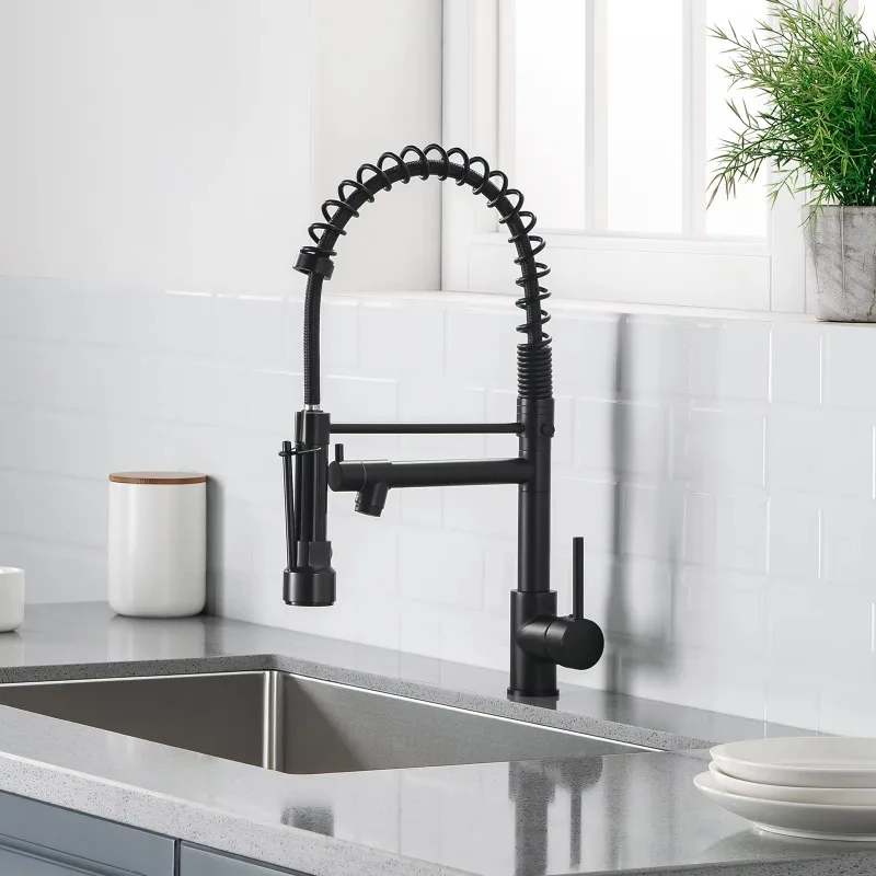 

Modern Single-Handle BRASS Kitchen Faucet with Pull Down Sprayer 3 Function Black Kitchen Taps for Hotels
