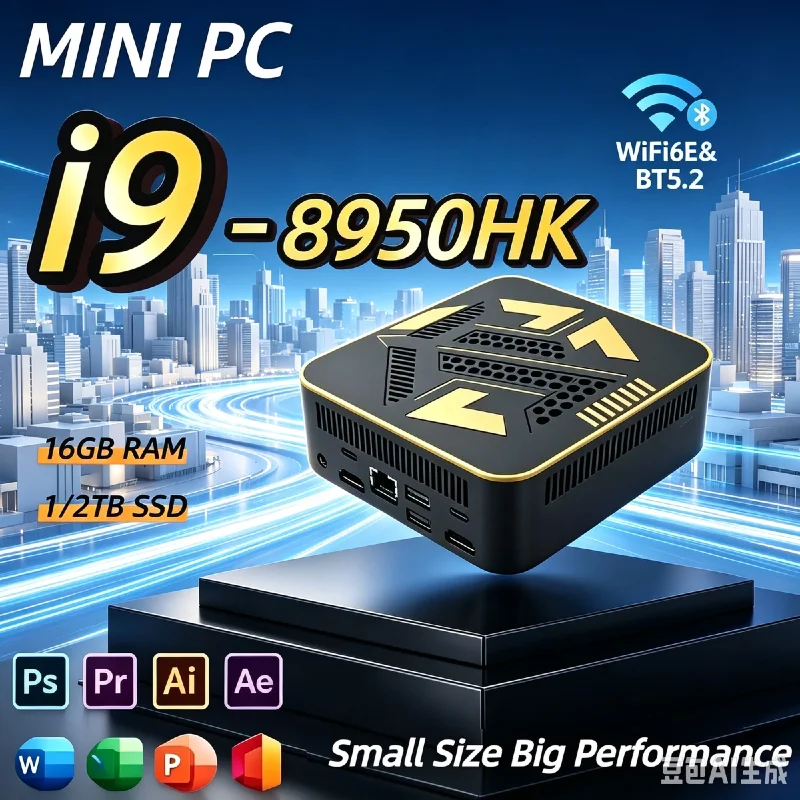 Mini PC Intel Core i9-8950HK, 16GB RAM, 1TB/2TB M.2 NVMe SSD, 4K Output, Compact High-Speed Mini Desktop for Office & Gaming