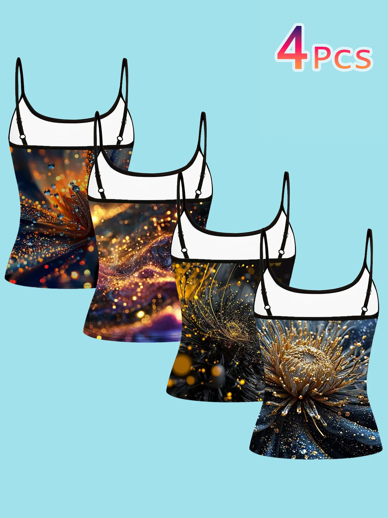 4-Piece Set of Gilded Glitter Floral Print Camisole Tops for Women, Black and Gold Starry Sky Flowing Floral Water Drop Art Spaghetti Strap Slim Fit Inner Tops